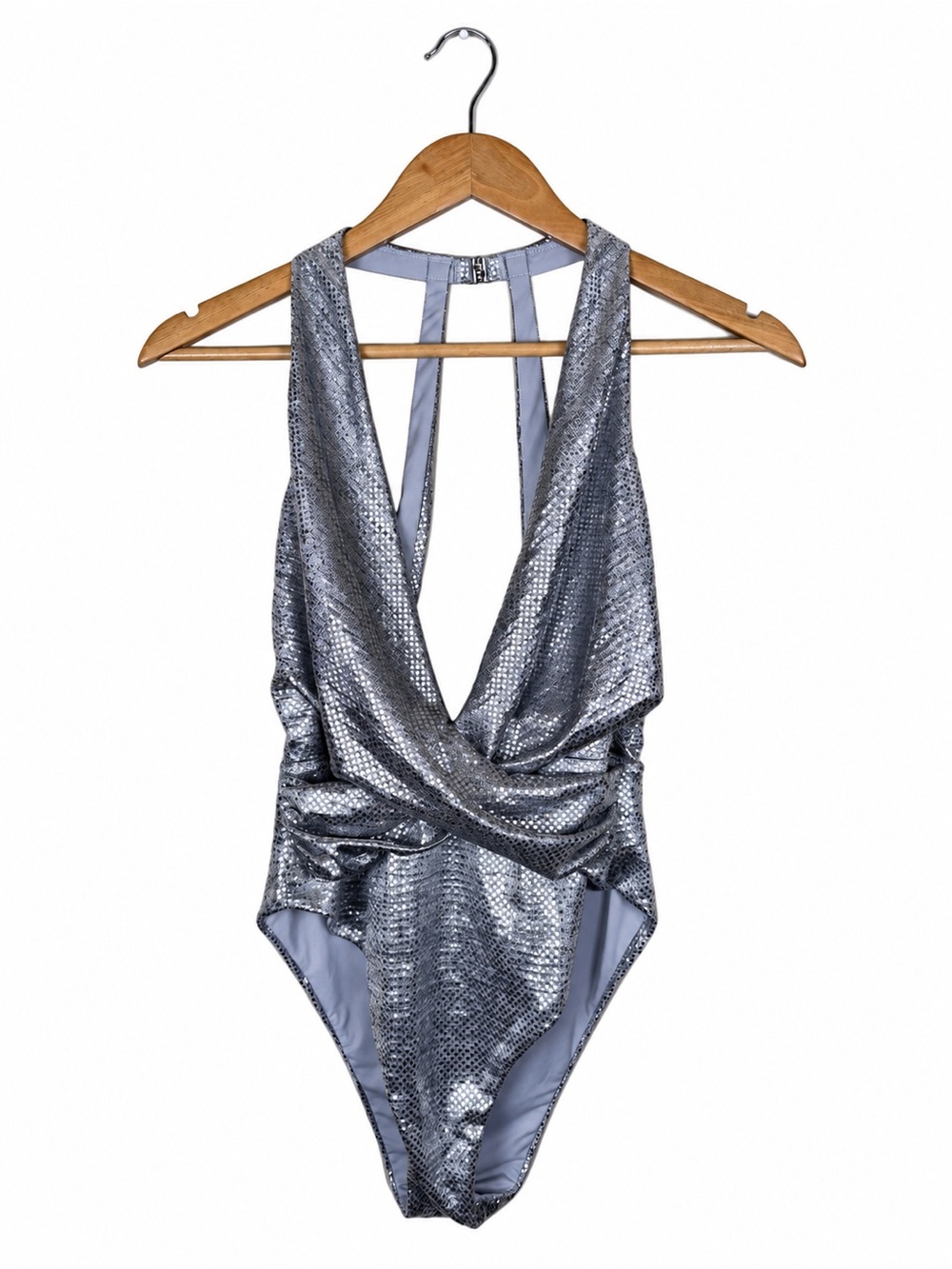 Calzedonia Silver Metallic Plunge One-Piece Swimsuit Size Medium